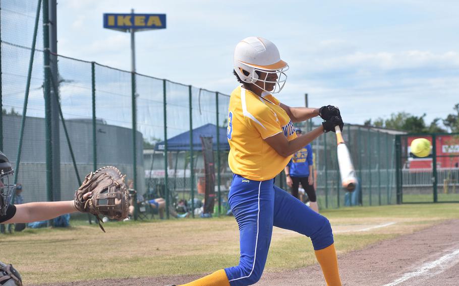 Wiesbaden's Alynna Palacios swings at a pitch in the DODEA-Europe Division I softball championships at Kaiserslautern, Germany on Saturday, May 21, 2022.