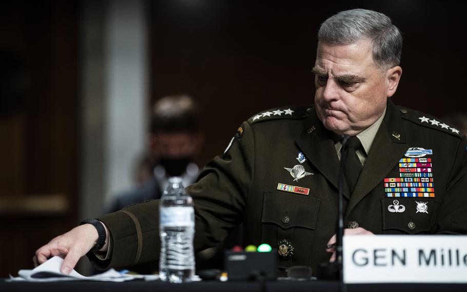 Gen. Mark A. Milley sits at a Senate hearing about Afghanistan in 2021.
