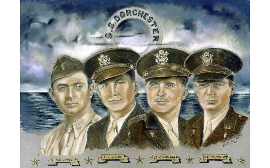 The troopship USAT Dorchester was torpedoed and sunk on Feb. 3, 1943. Four Army chaplains gave up their own life jackets to others and calmly prayed as the ship slipped under the North Atlantic waters.