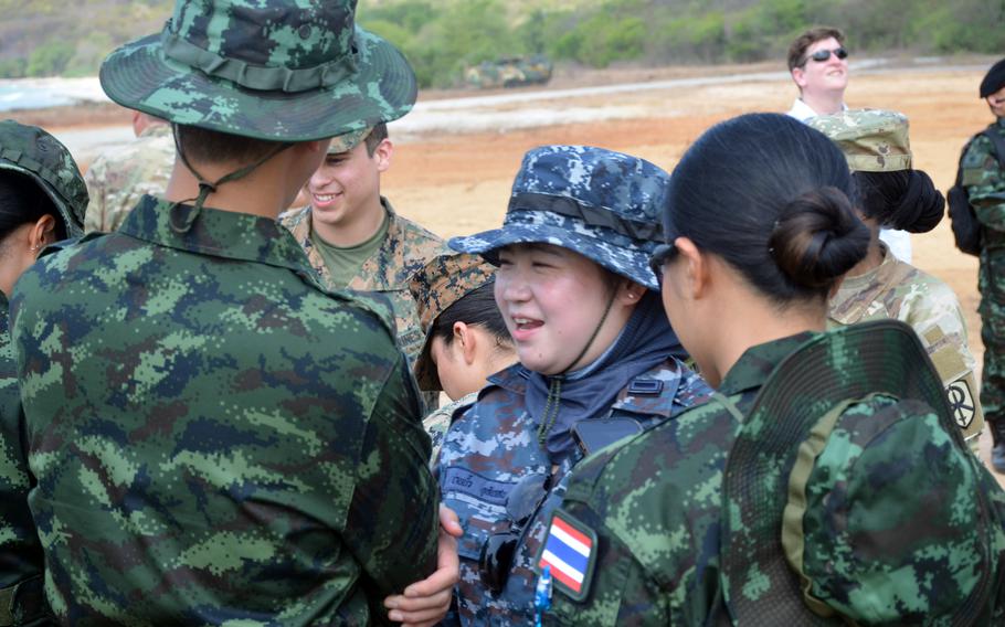 U.S., Thai and South Korean troops mingle following a Cobra Gold amphibious assault on Hat Yao Beach, Thailand, March 1, 2024.