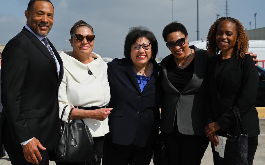 The Petersen family stands together moments before the commissioning of the USS Frank E. Petersen Jr. in Charleston, S.C., May 14, 2022. Lt. General Petersen served in Korea and Vietnam during his career.