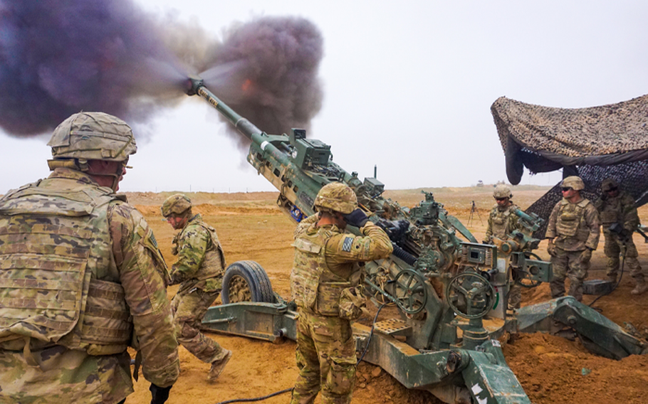 Soldiers from the 3rd Cavalry Regiment fire a 155mm M777 howitzer in support of Operation Inherent Resolve in Iraq in June 2019.