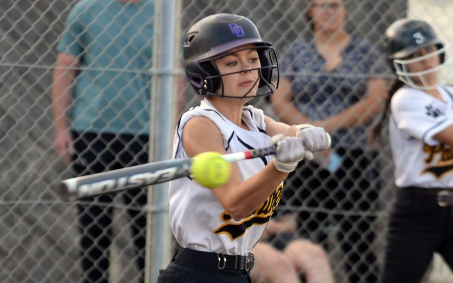 Kadena's Mylein Tull connects against Kubasaki during Tuesday's DODEA-Okinawa softball game. Tull went 3-for-3 with a home run, three RBIs and two stolen bases as the Panthers won 18-3 in four innings.