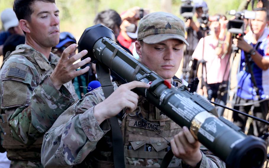 U.S. soldiers prepare to fire AT-4 anti-tank weapons during the annual Salaknib exercise at Fort Magsaysay, Philippines, Friday, March 31, 2023.