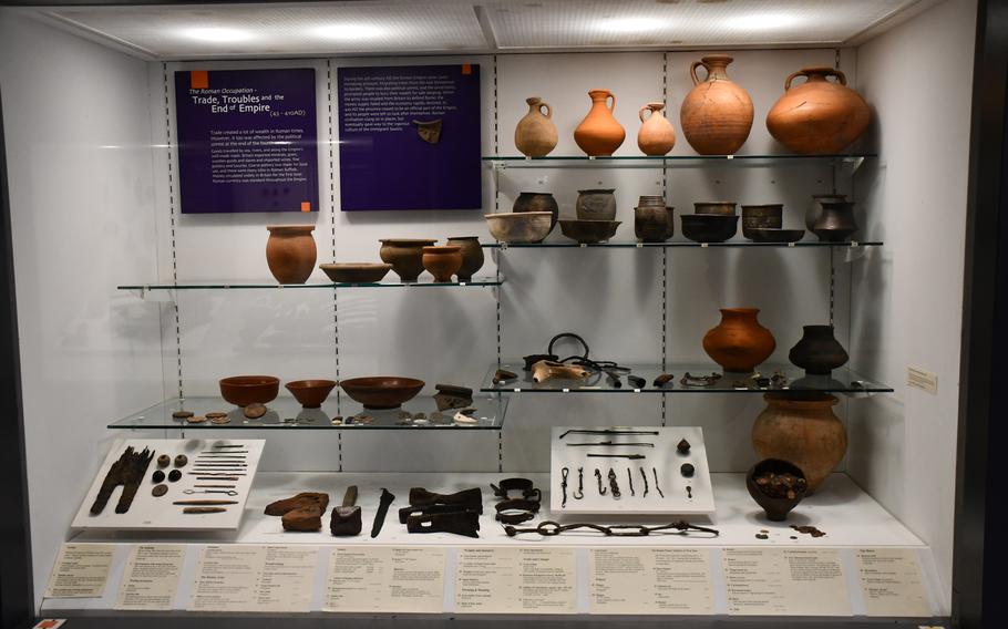 Anglo-Saxon tools, weapons and other artifacts are on display inside the West Stow Anglo-Saxon Village and Country Park, Feb. 28, 2022.