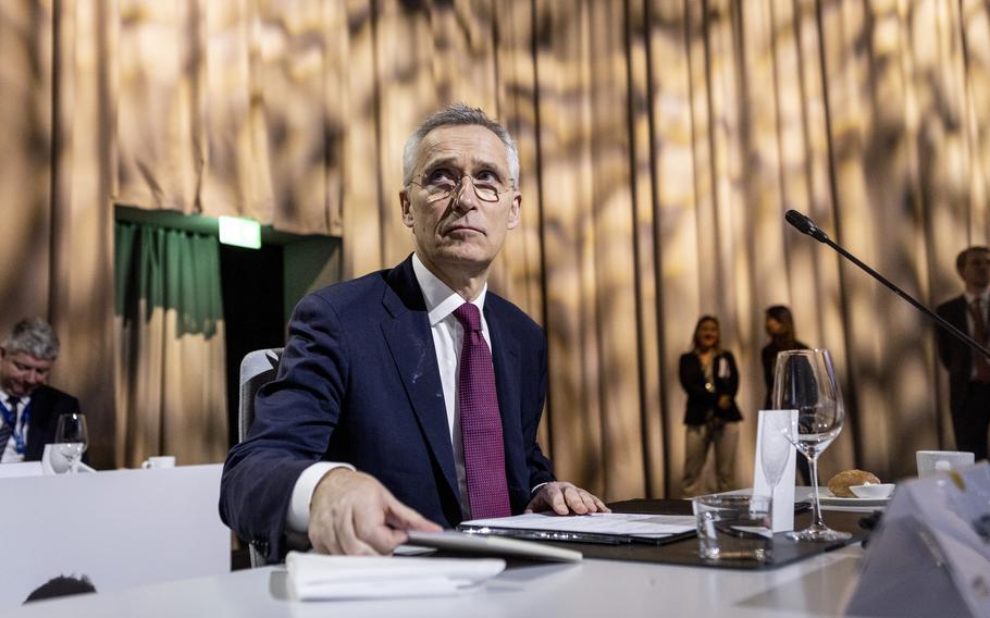 NATO Secretary General Jens Stoltenberg attends the informal meeting of EU defence ministers at the Scandinavian XPO in Marsta outside Stockholm, Sweden Wednesday, March 8, 2023. 