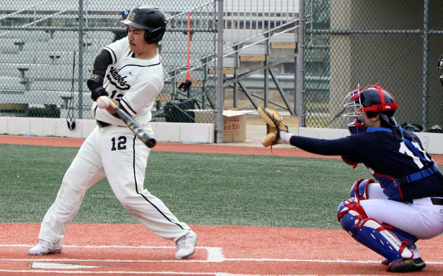Humphreys' Oscar Allison connects against ROK/SIS Dreamers during Saturday's Korea baseball game. The Blackhawks won 11-9.