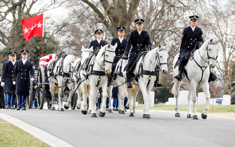 The Old Guard provides funeral honors at Arlington National Cemetery for Gen. Montgomery C. Meigs, the former commander of U.S. Army Europe, Jan. 25, 2022.
Meigs, who died July 6, 2021, was named after his ancestor, Quartermaster Gen. Montgomery C. Meigs, the lead architect of Arlington National Cemetery.