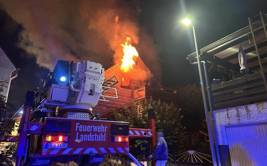 Landstuhl firefighters battle a blaze in Kindsbach late Wednesday night at a house on Steigstrasse, where flames engulfed the first floor and roof. The fire, which caused significant damage, left the building uninhabitable.