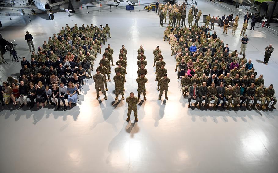 The 728th Battle Management Control Squadron holds an activation and assumption of command ceremony at the Museum of Aviation, Feb. 13, 2023, at Robins Air Force Base, Ga. The 728th BMCS is comprised of airmen who were formerly with the 461st and 116th Air Control Wings and worked on the E-8C Joint Surveillance Target Attack Radar System aircraft undergoing divestment.