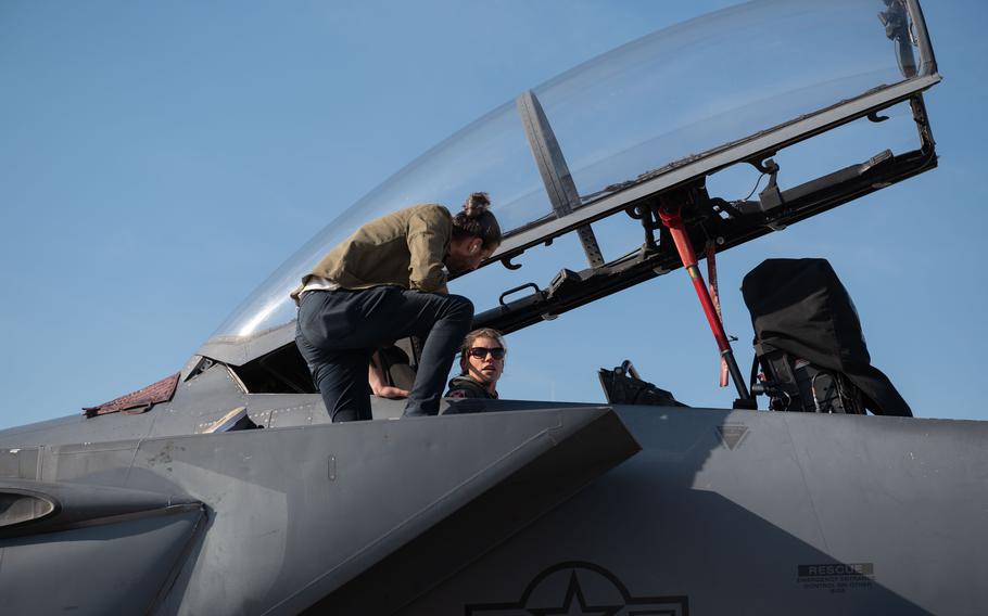 Capt. Kelsey Eastham and Colt Seman, Airion Health's chief of design, discuss a new in-flight bladder relief system for female pilots Feb. 15, 2023, at Seymour Johnson Air Force Base in North Carolina.