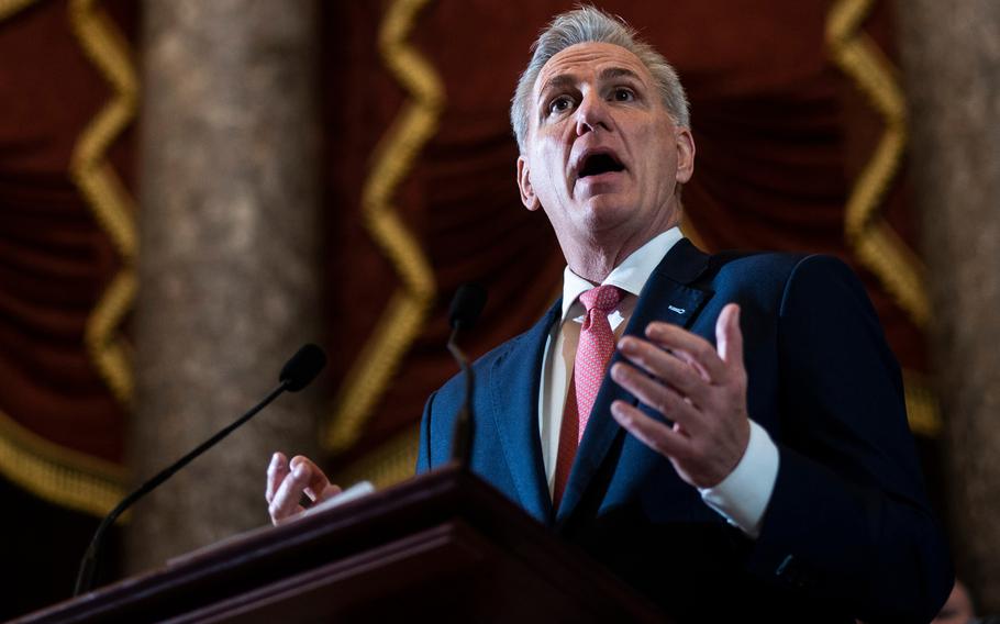 House Speaker Kevin McCarthy (R-Calif.) speaks at the U.S. Capitol in Washington, D.C., on March 10, 2023. 