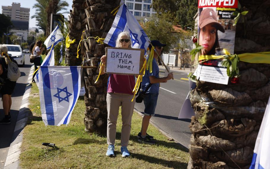 A protest demanding the release of Israelis kidnapped by Hamas militants outside the HaKirya military base in central Tel Aviv. 