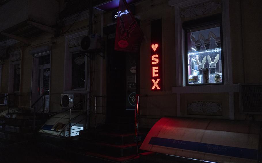 A sex shop in the eastern city of Dnipro, where business has remained strong despite Russia’s invasion of Ukraine. 
