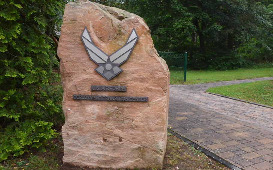 A large rock outside the building on Ramstein Air Base, Germany, that houses the Deployment Transition Center, where service members returning from overseas deployments can decompress before heading back to the U.S.