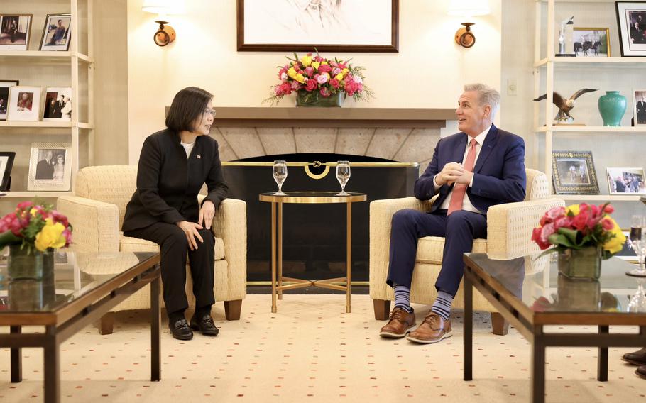 Former U.S. House Speaker Kevin McCarthy meets with Taiwan President Tsai Ing-wen at the Ronald Reagan Presidential Library in Simi Valley, Calif., on April 5, 2023. Taiwan’s top trade negotiator signaled a desire to expand Taipei’s initial agreement with Washington into one that more closely resembles a free trade deal, as the export-dependent economy works to counter China’s efforts at isolating it.