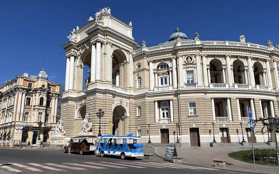 Odesa’s opera house, formerly protected with sandbags. Performances and rehearsals are often interrupted by air alerts.