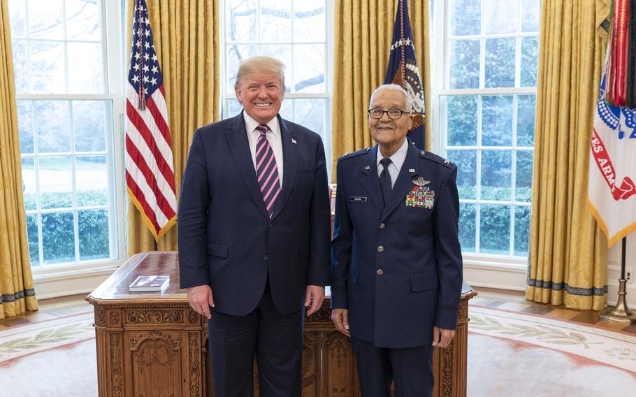 President Donald J. Trump welcomes State of the Union Gallery guest retired Tuskegee veteran Charles McGee of Bethesda, Md. Tuesday, Feb. 4, 2020, to the Oval Office of the White House. 