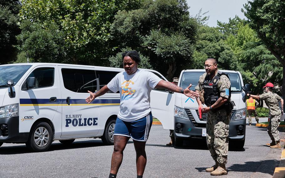 Sailors participate in a simulated breach of base security on Aug. 16, 2022,as  part of the annual Citadel Pacific exercise. 