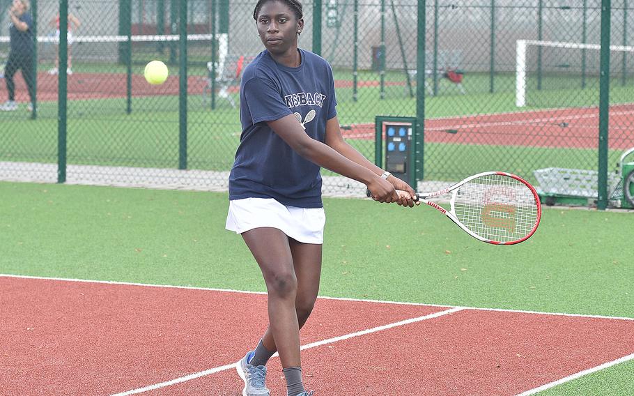 Ansbach's Elizabeth Agudzi-Addo moves to hit a ball during a singles match against Raider Alisa Dietzel on Sept. 23, 2023, at Kaiserslautern High School in Kaiserslauern, Germany.