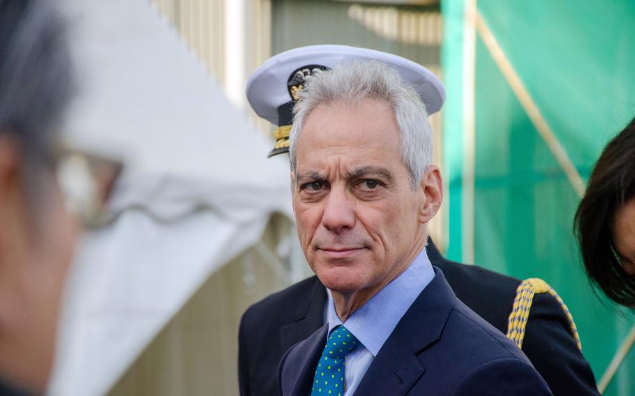 The Navy plans to expand its partnership with Japanese shipyards to allow for more significant warship repairs, U.S. Ambassador to Japan Rahm Emanuel said at Yokosuka Naval Base, Japan, Friday, Jan. 19, 2024. 