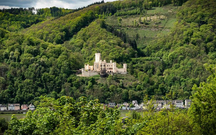 The restaurant just outside the entrance to Burg Lahneck in Lahnstein, Germany, offers a stunning vista across the Rhine River toward Schloss Stolzenfels on May 6, 2023. A redesign in the 1830s during Europe's age of romanticism gave the schloss its current look.