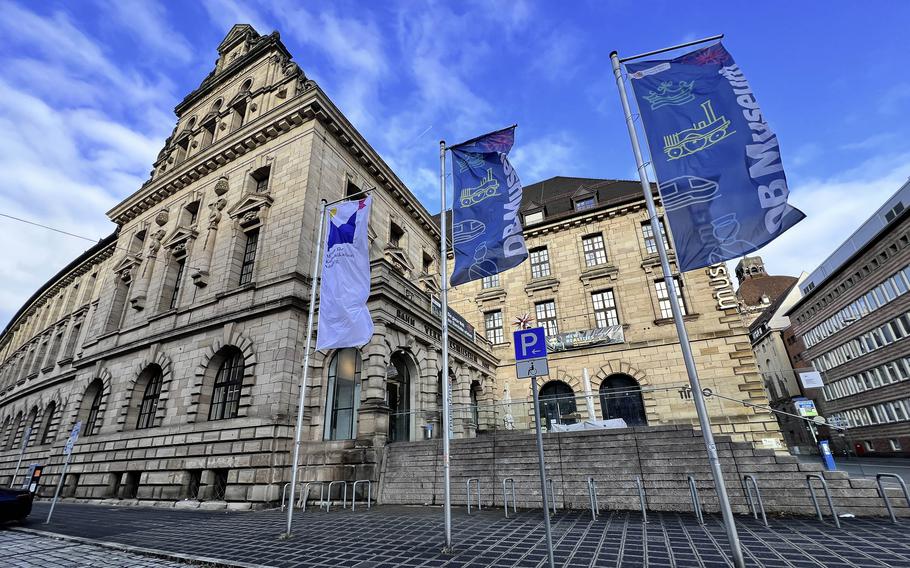 The facade of the Deutsche Bahn Museum in Nuremberg, Germany, on Dec. 20, 2023. The museum displays railway history on three floors inside as well as in an external exhibit hall and rail yard.