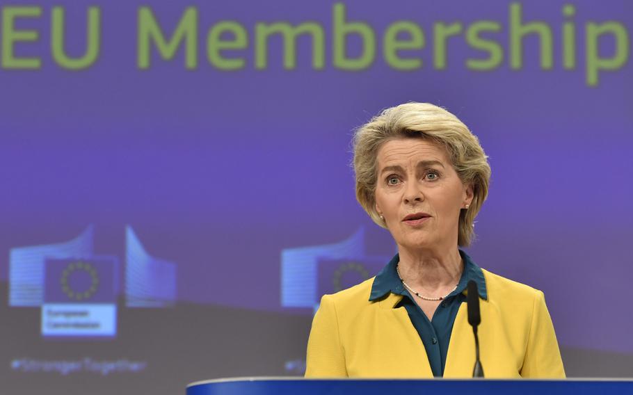 European Commission President Ursula von der Leyen speaks during a media conference after a meeting of the College of Commissioners at EU headquarters in Brussels, Friday, June 17, 2022. Ukraine’s request to join the European Union may advance Friday with a recommendation from the EU’s executive arm that the war-torn country deserves to become a candidate for membership in the 27-nation bloc.