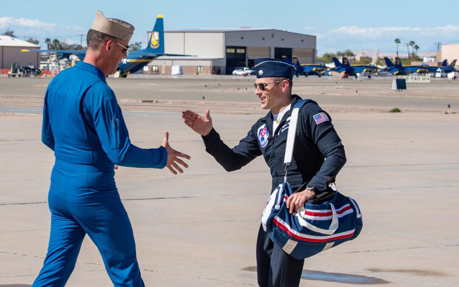 The U.S. Navy Flight Demonstration Squadron, the Blue Angels, welcome the U.S. Air Force Air Demonstration Squadron, the Thunderbirds, to Naval Air Facility (NAF) El Centro, Thursday, Feb. 22, 2024. The Blue Angels and the Thunderbirds will conduct a joint training exchange at El Centro, Feb. 22-March 1, to trade best practices and develop team interoperability in preparation for the 2024 show season.