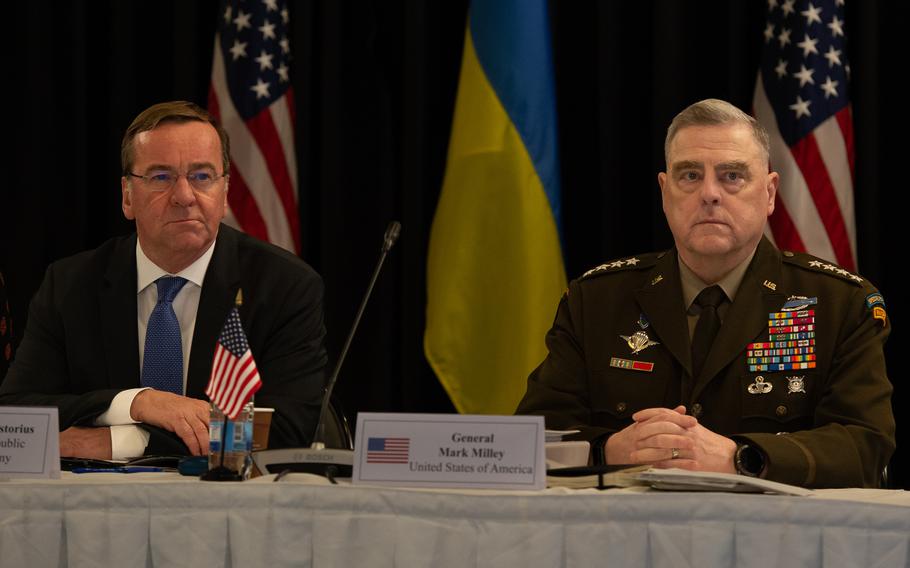 Newly appointed German Defense Minister Boris Pistorius and U.S. Army Gen. Mark Milley, chairman of the Joint Chiefs of Staff, listen to opening remarks by U.S. Defense Secretary Lloyd Austin during a meeting of the Ukraine Contact Group at Ramstein Air Base, Germany, on Friday, Jan. 20, 2023.