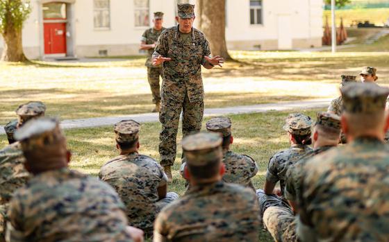 U.S. Marine Corps Commandant Gen. David H. Berger, speaks to the Marines and sailors at Panzer Kaserne in Boeblingen, Germany, Aug. 9, 2022. Berger has been leading one of the most significant reforms of the Corps in decades.