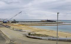 Landfill work for the construction of a Marine Corps runway at Camp Schwab, Okinawa, is seen in January 2020.