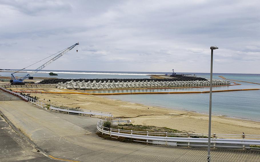 Landfill work for the construction of a Marine Corps runway at Camp Schwab, Okinawa, is seen in January 2020.