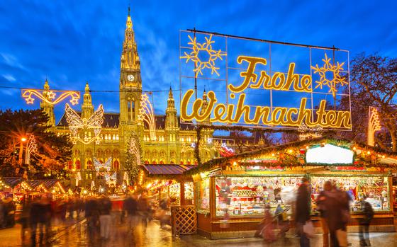 Christmas markets and holiday festivals and celebrations abound in Europe this time of year. Shown: A Christmas market in Vienna, Austria.