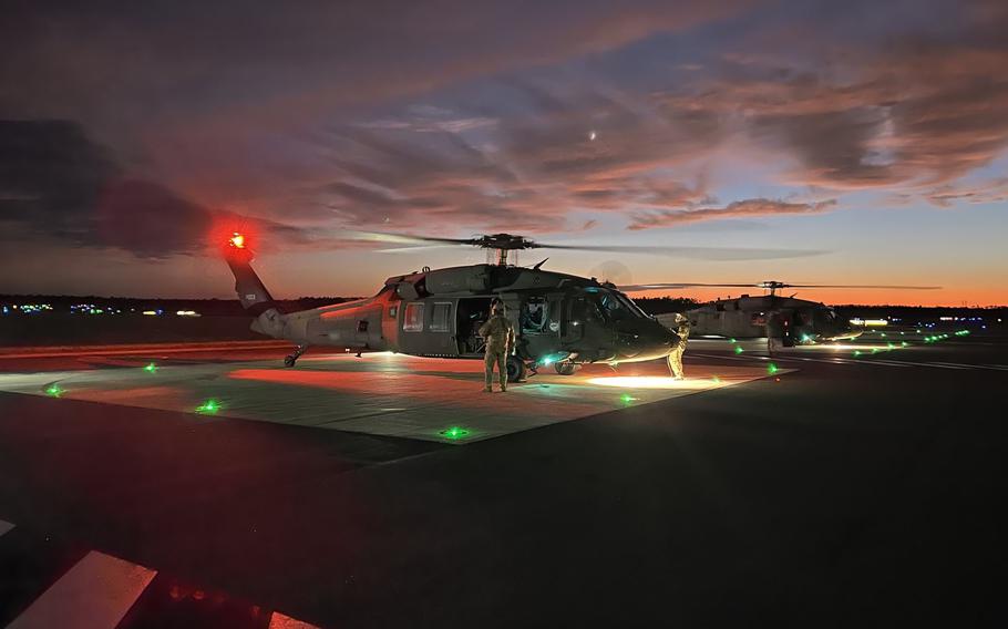 Tennessee UH-60 Black Hawks and crews arrive in Tallahassee, Fla., on Wednesday, Sept. 28, 2022, to support Hurricane Ian response efforts.
