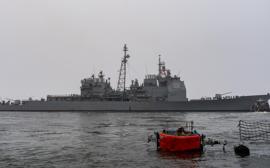 The guided-missile cruiser USS Leyte Gulf (CG 55) departs Naval Station Norfolk, Va., Jan. 28, 2024, for a scheduled deployment to the U.S. 4th Fleet area of operations.