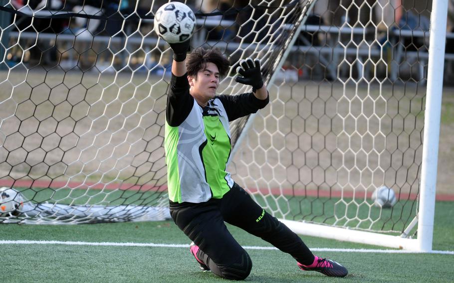 Junior Kent Monto lines up in net on a veteran-laden E.J. King boys soccer team.