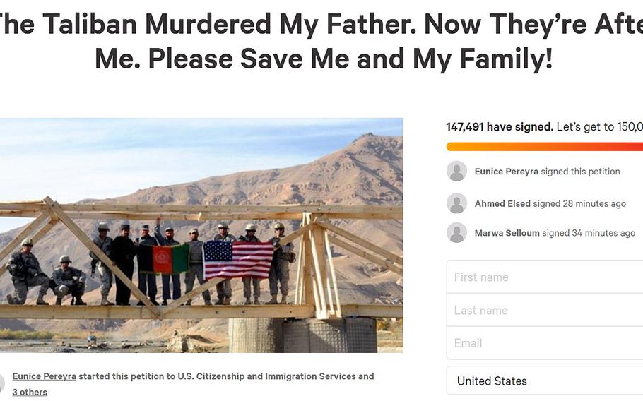 Advocates say public pressure helped the family of a slain Afghan interpreter receive approval for humanitarian parole, a status allowing those under immediate threat to seek refuge in the United States. A petition on Change.org calling for help tallied almost 150,000 signatures as of May 18, 2021. 

Screenshot/Change.org