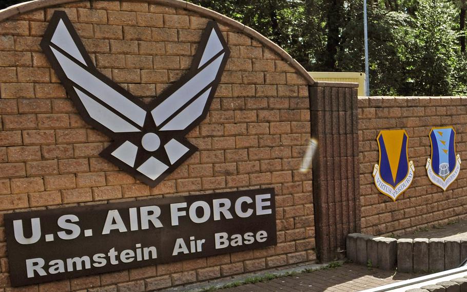 A sign welcoming visitors to Ramstein Air Base, Germany.