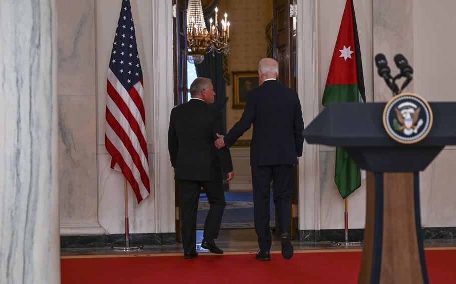 President Joe Biden and Jordan’s King Abdullah II depart after delivering remarks at the White House on Monday, Feb. 12, 2024.