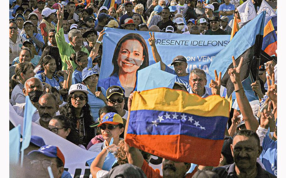 A gathering of supporters turn out for a Maria Corina Machado political rally in Maracaibo, Venezuela, on Nov. 28, 2023. 