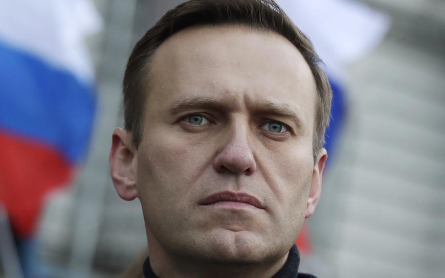 Russian opposition activist Alexei Navalny takes part in a march in Moscow in February 2020. Russia’s prison agency said the imprisoned opposition leader has died. He was 47. The Federal Prison Service said Navalny felt unwell after a walk Friday, Feb. 16, 2024, and lost consciousness. 