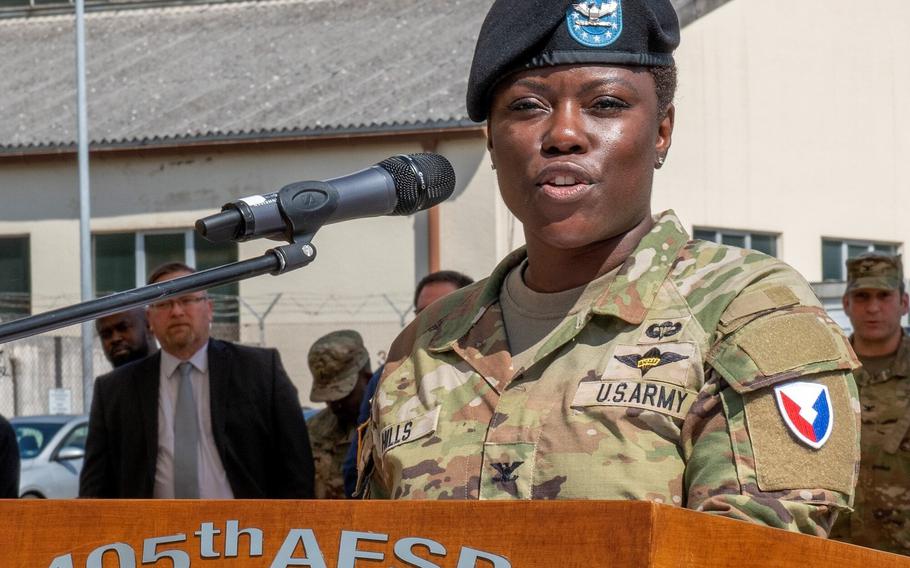 Col. Crystal Hills, seen here at her change of command ceremony in Kaiserslautern in June 2022, was removed as commander of the 405th Army Field Support Brigade by Maj. Gen. David Wilson, head of Army Sustainment Command, the Army said in a statement Dec. 4, 2023. 