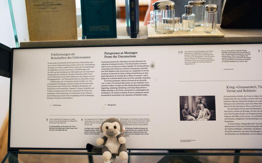 Sigmund, a well-traveled comfort monkey, in the museum of the home of his namesake Sigmund Freud. 
