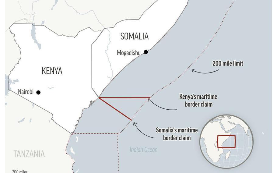 Map shows the Kenya-Somalia coastline and disputed area.
