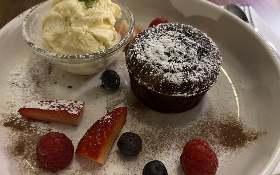 A hot little chocolate cake with a liquid chocolate center served with a scoop of vanilla ice cream was a delightful capstone to dinner at Mathilda in Wiesbaden, Germany.