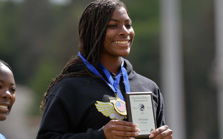 Wiesbaden’s Alanna Donahue won the girls long jump competition at the 2025 DODEA-Europe track and field finals in Kaiserslautern, Germany, with a leap of18 feet, 8.50 inches.