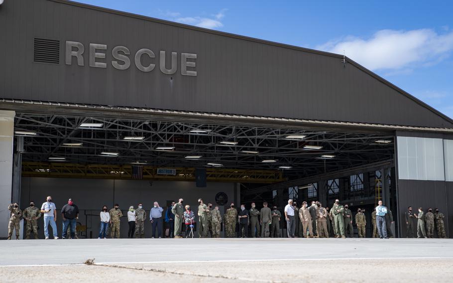 Airmen with the 23rd Wing await the arrival of the new HH-60W Jolly Green IIs Nov. 5, 2020, at Moody Air Force Base, Ga. 