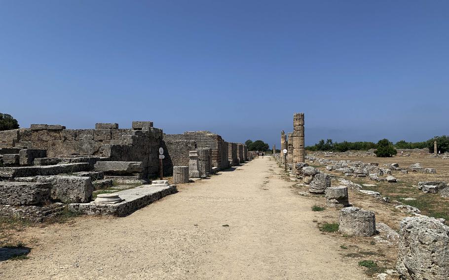 The ruins of Paestum include a well-preserved Roman amphitheater, market area, roads and walls that encircle the town. 