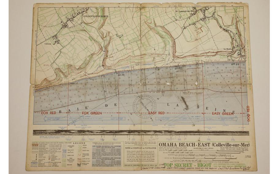The map Joseph P. Vaghi Jr. carried during WWII’s D-Day landing at Normandy. BIGOT, shown on the map, according to many sources, was a code name for Operation Overlord and stood for “British Invasion of German Occupied Territory.”